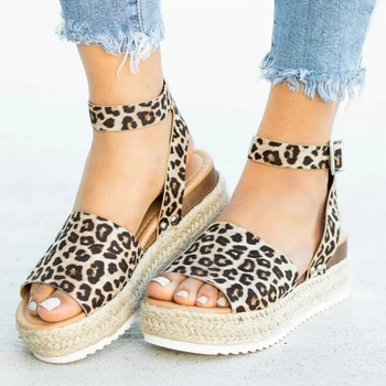 

2019 Summer Womens Casual Espadrilles Trim Rubber Sole Flatform Studded Wedge Buckle Ankle Strap Open Toe Sandals