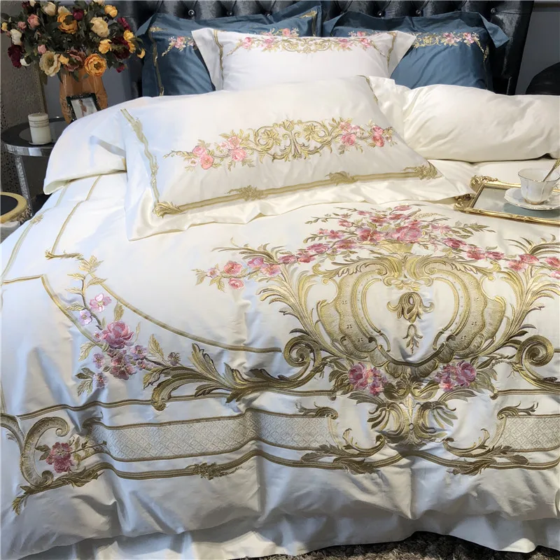 Cheap Champagne Blue White Luxury Royal Embroidery 100S Egyptian Cotton Palace Bedding Set Duvet Cover Bed sheet/Linen Pillowcases 62