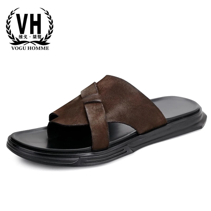 

Slippers Male Genuine Leather retro breathable thick bottom casual non-slip slippers fender summer men genuine leather slippers