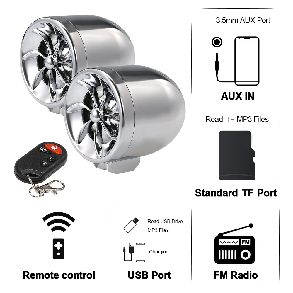 

MT483 Motorcycle Audio FM Radio MP3 Music Player Adjustable Stereo Speakers Water-resistant Anti-theft Alarm Support USB TF AUX