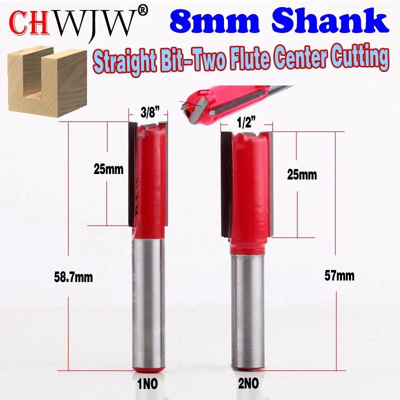 

1pc 8mm Shank High Quality Straight Bit - Two Flute Centre Cutting Router Bit 3/8",1/2" dia. Straight end mill trimmer cleaning