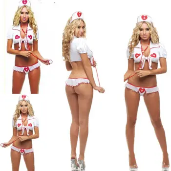 

Sexy Women Pajama Sets Nightwear 2018 New Summer Heart Print Bandage Crop Lace Bra Shorts Nurse Costume Underwear Sleepwear Sets