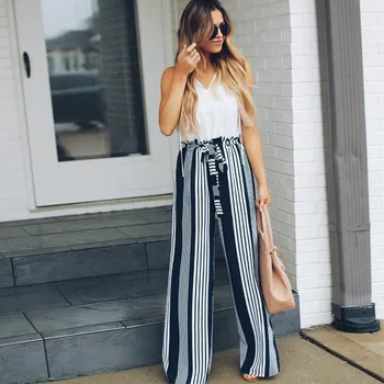 

New striped split wide leg pants female low waist with ruffled high waist trousers summer beach casual pants female XL