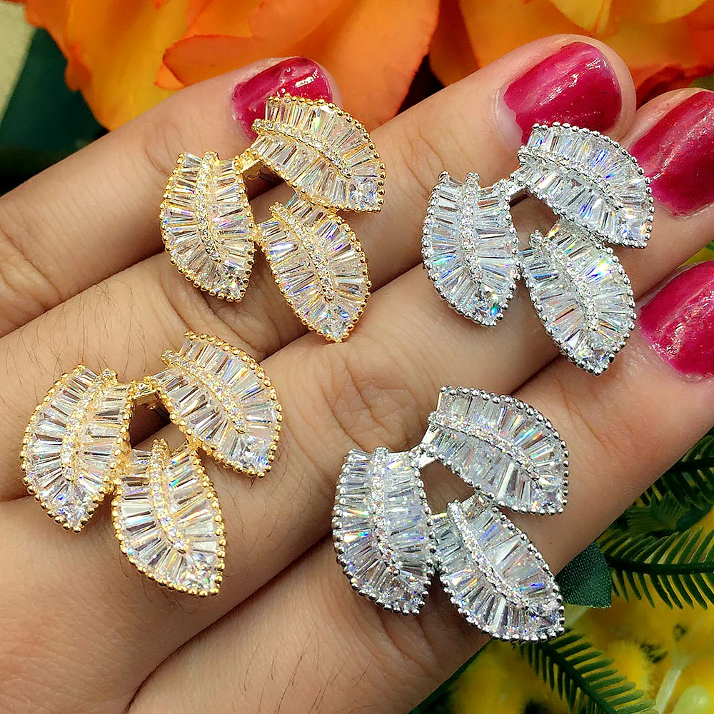 Женские серьги гвоздики с фианитом 3 листа|earrings stud|designer earringsearrings designer |