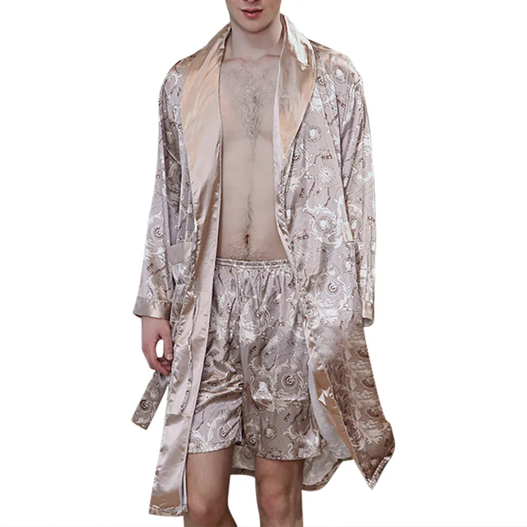 Мужские моделирующие шелковые печатные Пижама Robe фланелевый банный халат Man two-piece костюм мужской сексуальный Hombre Robe мужской летний