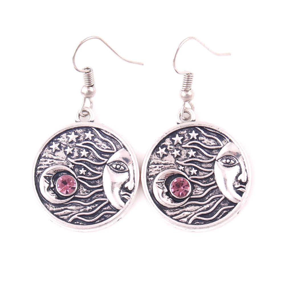 

Fashion Alloy Moon Stars Celestial With Crystal Pendant Earring Antique Astrology Universe Jewelry