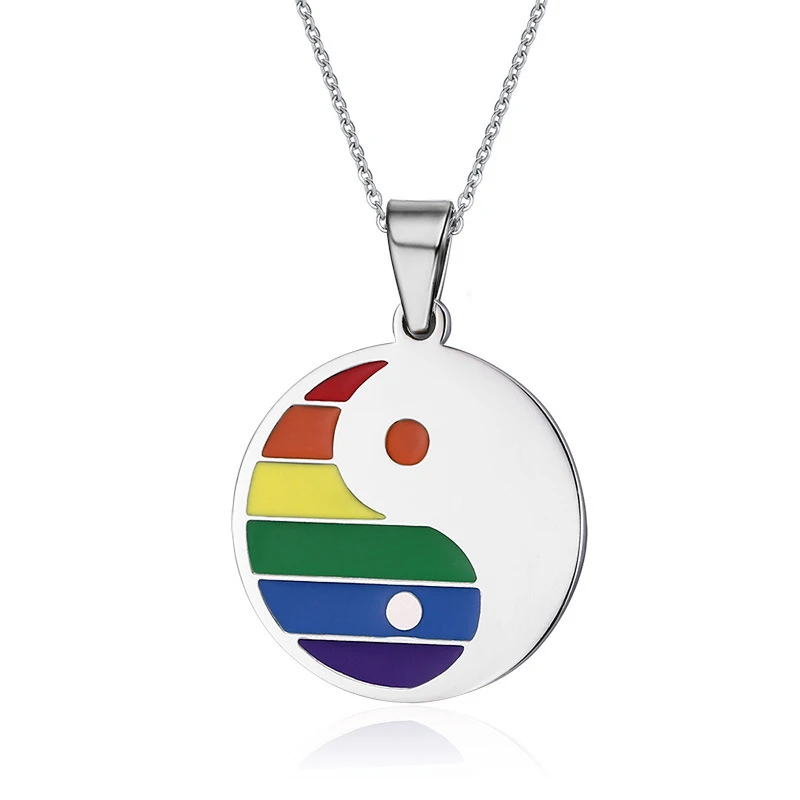 

2017 New Ethnic Tai Chi Chain Necklace For Women Men Semi Rainbow Round Dog Tag Necklaces Pendents Titanium Steel LGBT Jewelry