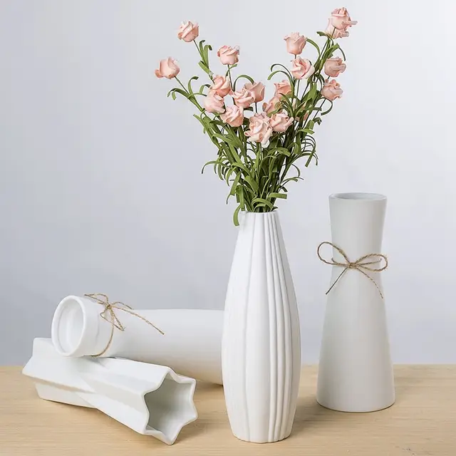 White Ceramic Vase Artificial Flowers Vase Crafts Decor Geometry