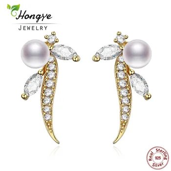 

Hongye Natural Pearl Earrings Pearl Jewelry Pearl Leaf 925 Sterling Silver Earrings Bohemia Stud Earrings for Love Charm Bijoux