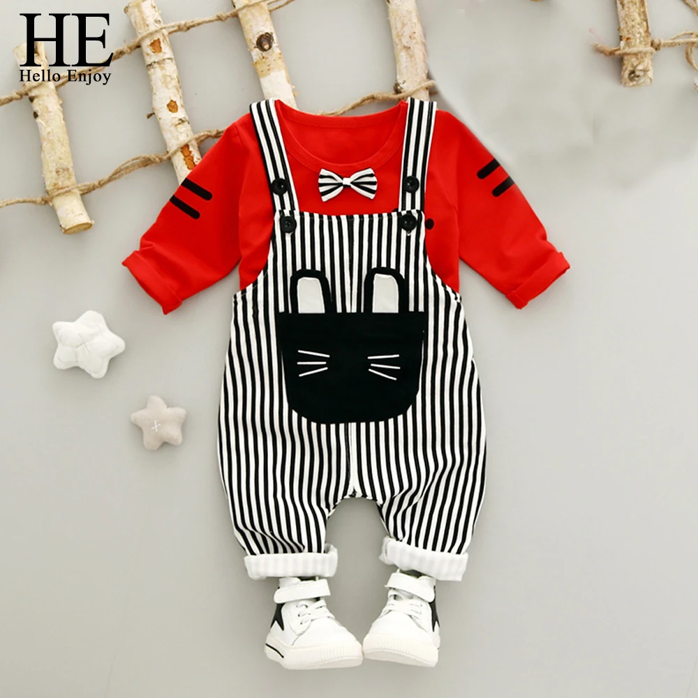 HE Hello Enjoy newborn Baby Boy clothes 2017 Spring Autumn 1st birthday outfits Long Sleeve T-Shirt+Striped Belt Pants 2pcs suit