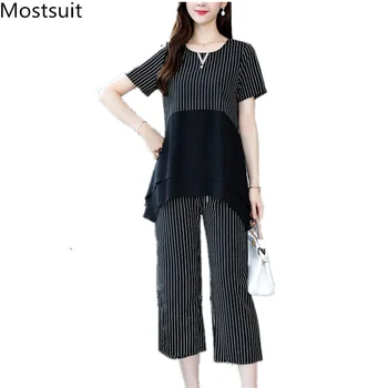 

Plus Size Summer Striped Two Piece Sets Outfits Women Chiffon Patchwork Tops And Wide Leg Pants Suits Office Elegant Sets 2019