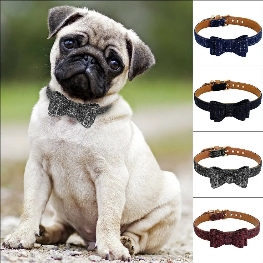 

Luxury Bow Tie Dog Collars Soft Leather Padded Pet Puppy Cat for Chihuahua Pug Collars