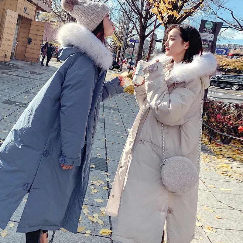 

Real Raccoon Fur Collar 2019 Winter Women White Duck Down Jacket Long Down Parkas Outerwear Coat Thick Warm Loose Female Jacket