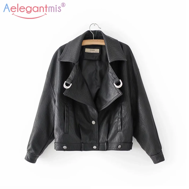 Aelegantmis, черная куртка из искусственной кожи для улицы размера плюс, женская мягкая байкерская куртка, женская Свободная куртка из искусственной кожи