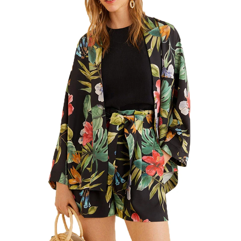 

Summer shorts sets casual green women clothes 2019 print two piece set long sleeve 2 piece set women loose tracksuit women