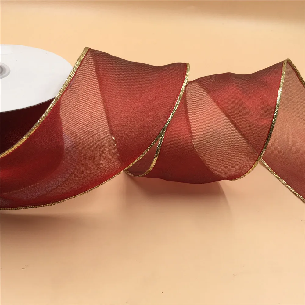 2 1/2 Inch X 25yards Golden lurex edge organza ribbon gift box wrapping wired N2159 | Дом и сад