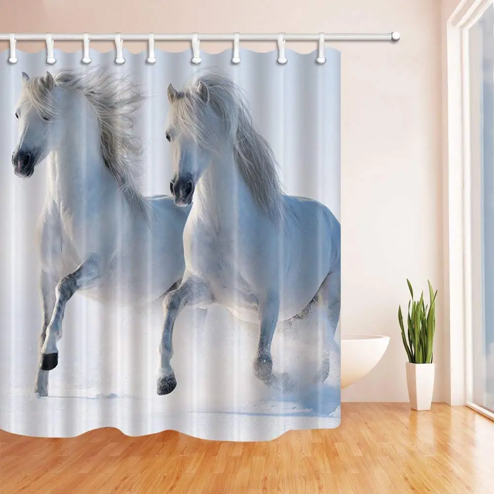 Animal Horse Pattern Theme Shower Curtain Two White Horses Running In