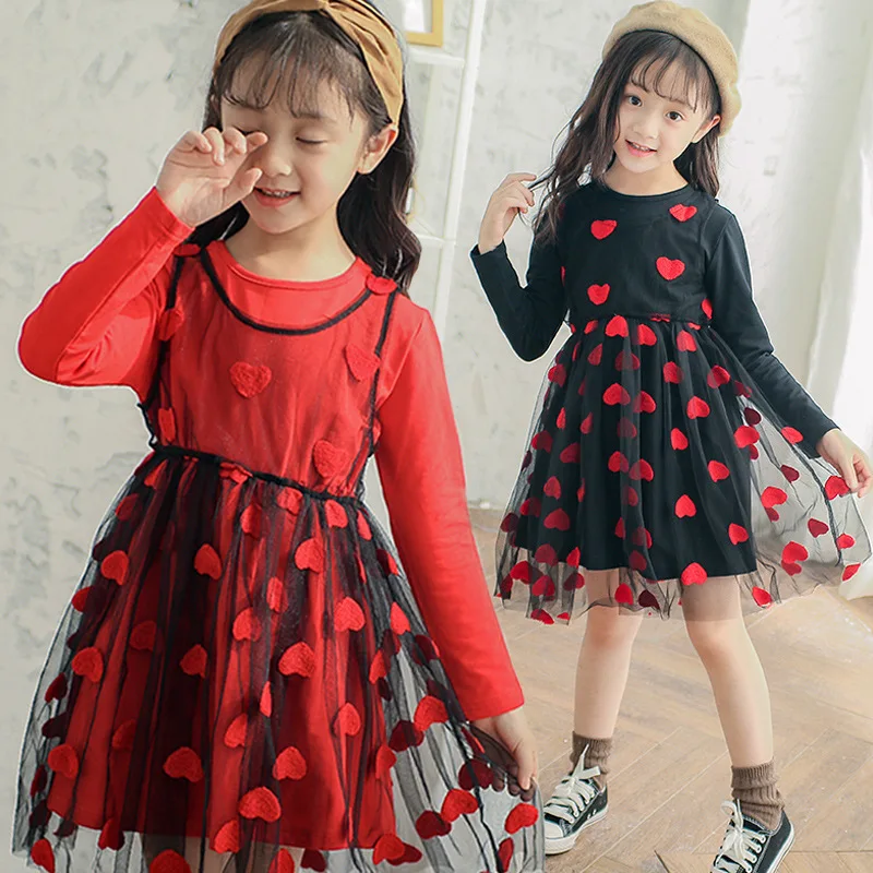 

mesh Teenagers elegant dress for kids 2018 autumn winter big girls heart pattern girls kids dresses Clothes children Clothing