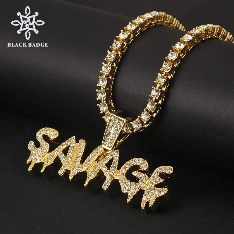 

Savage Letter Pendant Necklace Shiny Ice Out Link Chain Necklace Gold /Silver Color With Tennis Chain Hip Hop Jewelry for men