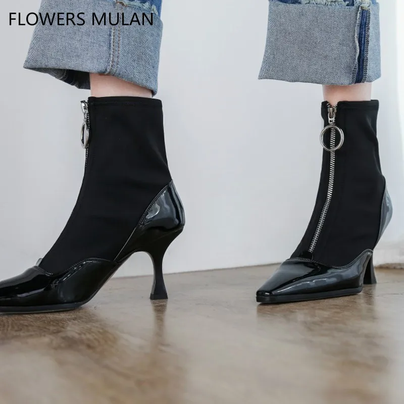 

Patchwork Shiny Patent Leather Sqaure Toe Stretch Fabric Sock Boots Women High Heels Shoes Woman Front Zipper Zapatos De Mujer