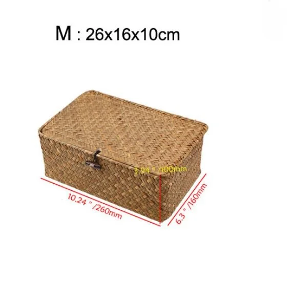 Handmade Seagrass Woven Storage Box Seaweed Storage Finishing Basket with Lid Sundry Bath Cosmetic Towel Container mx01161829 - Цвет: 26X16x10CM