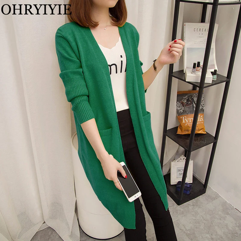 OHRYIYIE Spring Autumn Sweater Women Long Cardigan Pockets