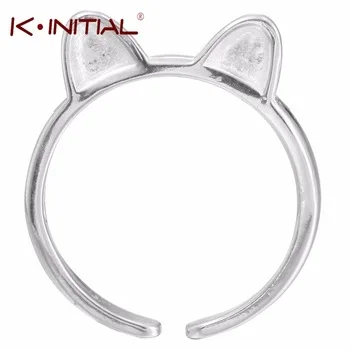 Kinitial NEW Design 925 Silver Beautiful Cute Cat Ears Ring Open Finger Animal Bijoux for women Rings Valentine