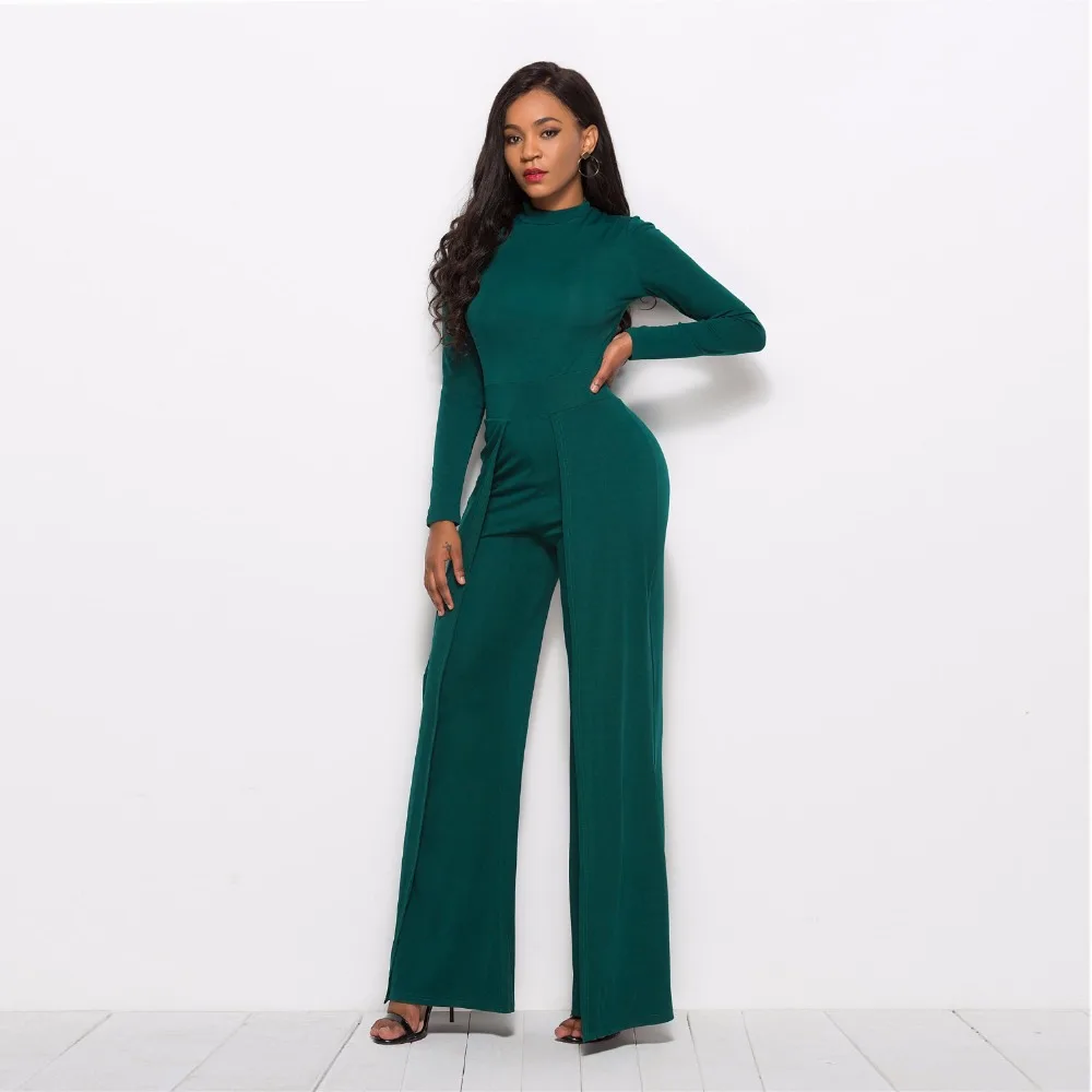 

Europe and United States autumn women's plus-size jumpsuits leisure fashion round neck long sleeve wide-legged jumpsuits solid