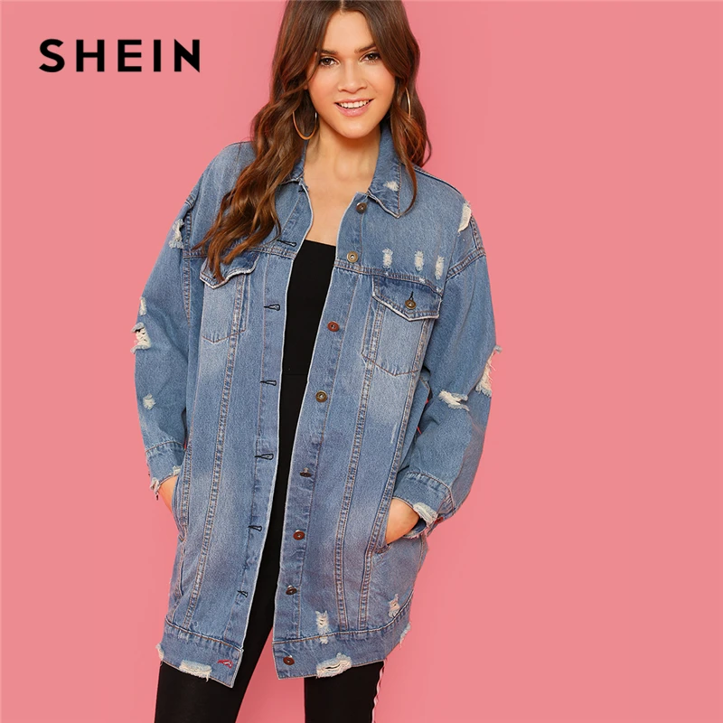 Buy SHEIN Blue Rock Highstreet Patched Buttoned Ripped