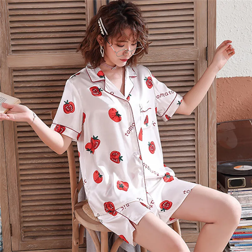 Для женщин моделирование шелк печати пижамы с принтом пижамы ночное комплект летние шифоновое платье 40mi01