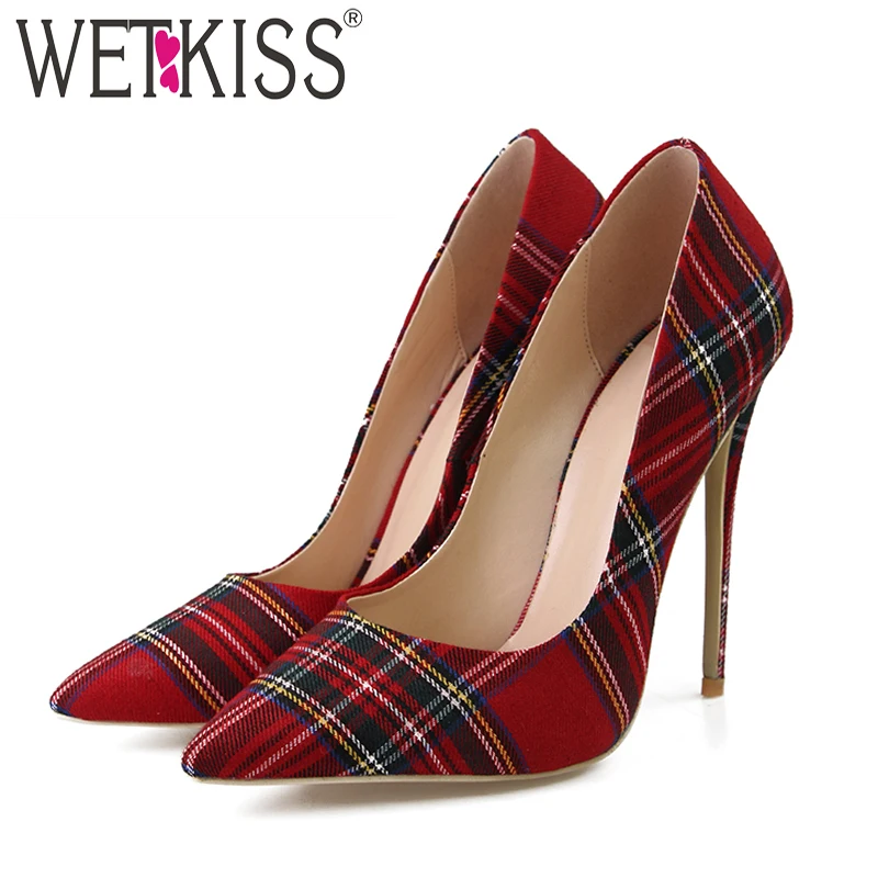 WETKISS Big Size 33-45 Stiletto Heels Women Pumps Red Pointed Plaid Shoes Women Shallow High Thin Heels 2019 Party Wedding Shoes