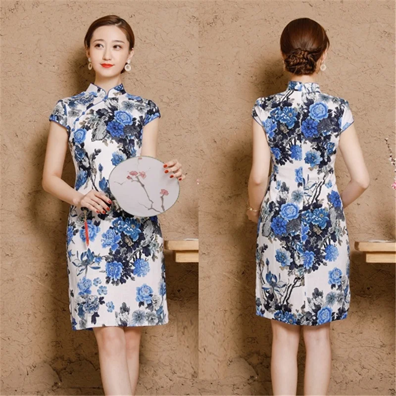 Women Linen Cotton Shanghai Plus Size Cheongsam Qipao Dresses XXXL 4XL 5XL Summer Short Chinese Traditional Printing Elegant  (4)