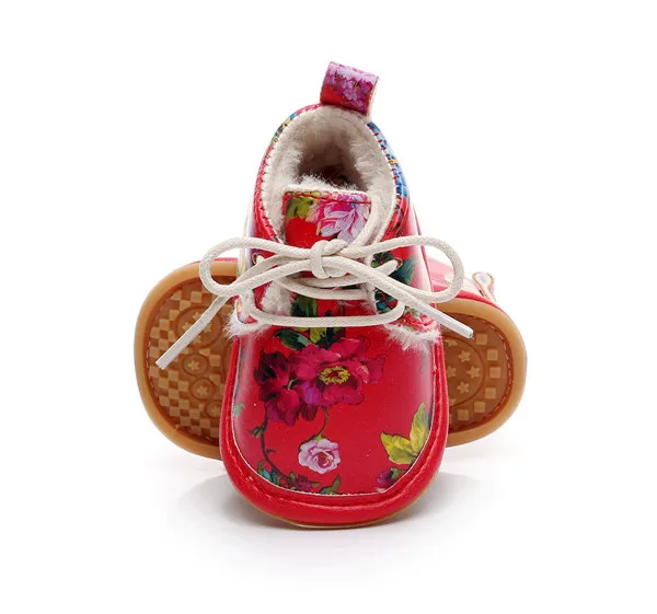 VIP Dropshiping lace up floral printing baby moccasins super warm PU leather fur winter baby shoes toddler girls boys snow boots - Цвет: Red