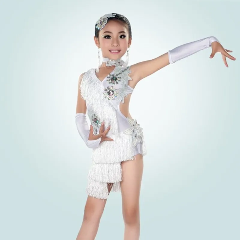 limited offer girls tassel latin font b dance b font dress children green white sequined font