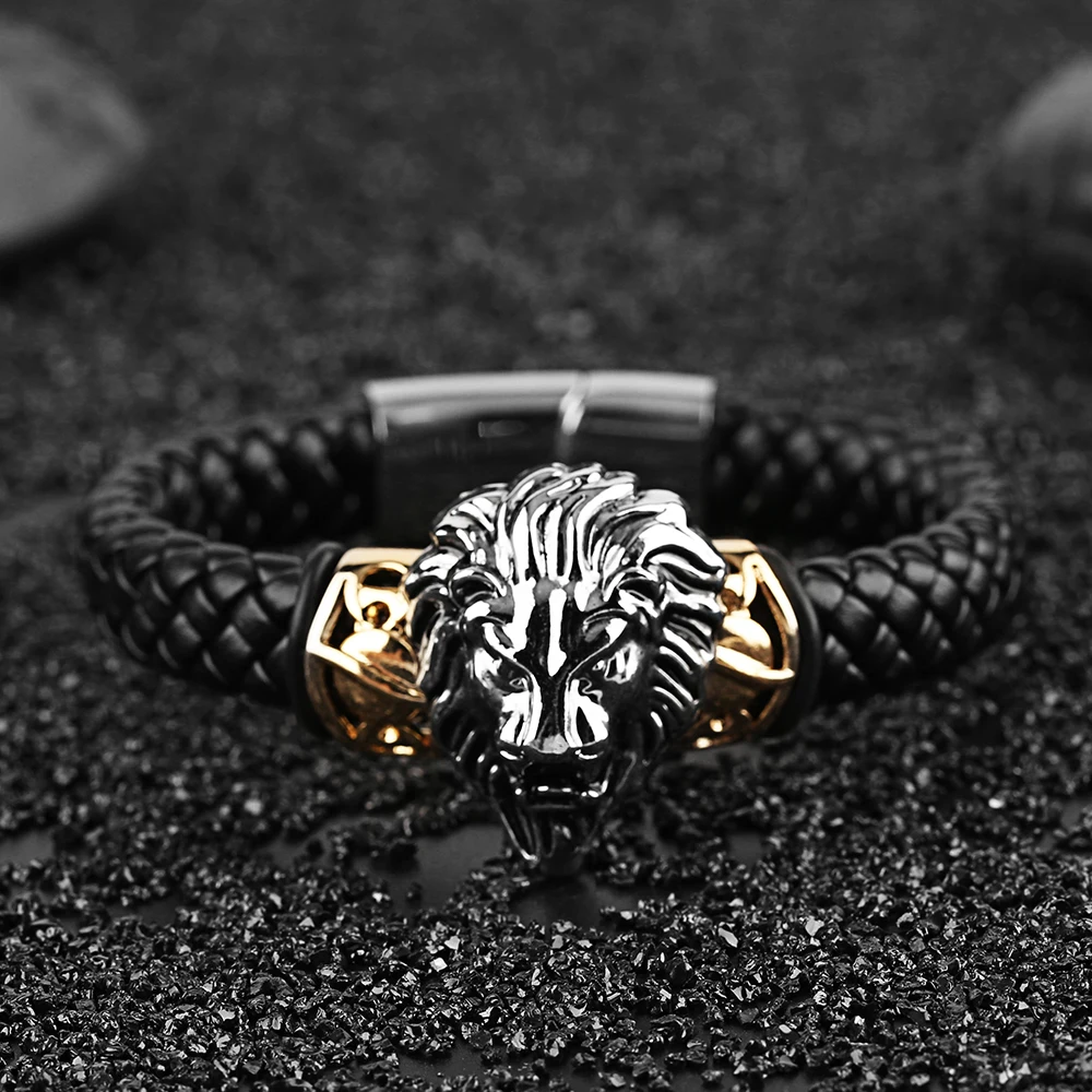 Lion Skull Eagle Punk Woven Bracelets Men Hot Sale Charm Bracelet Male Steampunk Skeleton Bangle Chain Black Leather Bangles (11)