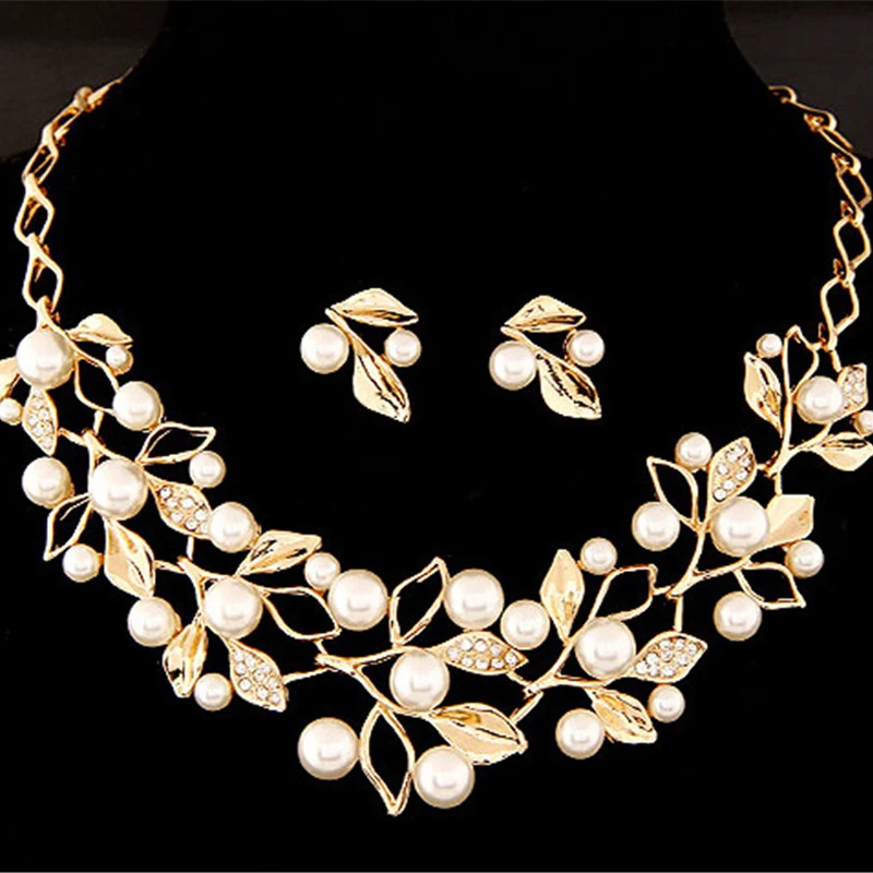 

Women's Silvery Leaves Simulated Pearl Necklace Earring Charm Chain Jewelry Set bijuteria Gifts Wedding