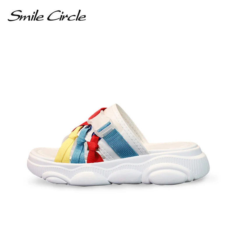 

Smile Circle size 34-40 flip flop Women Flat Beach slippers 2019 Summer Fashion Colored webbing Slippers woman Platform shoes