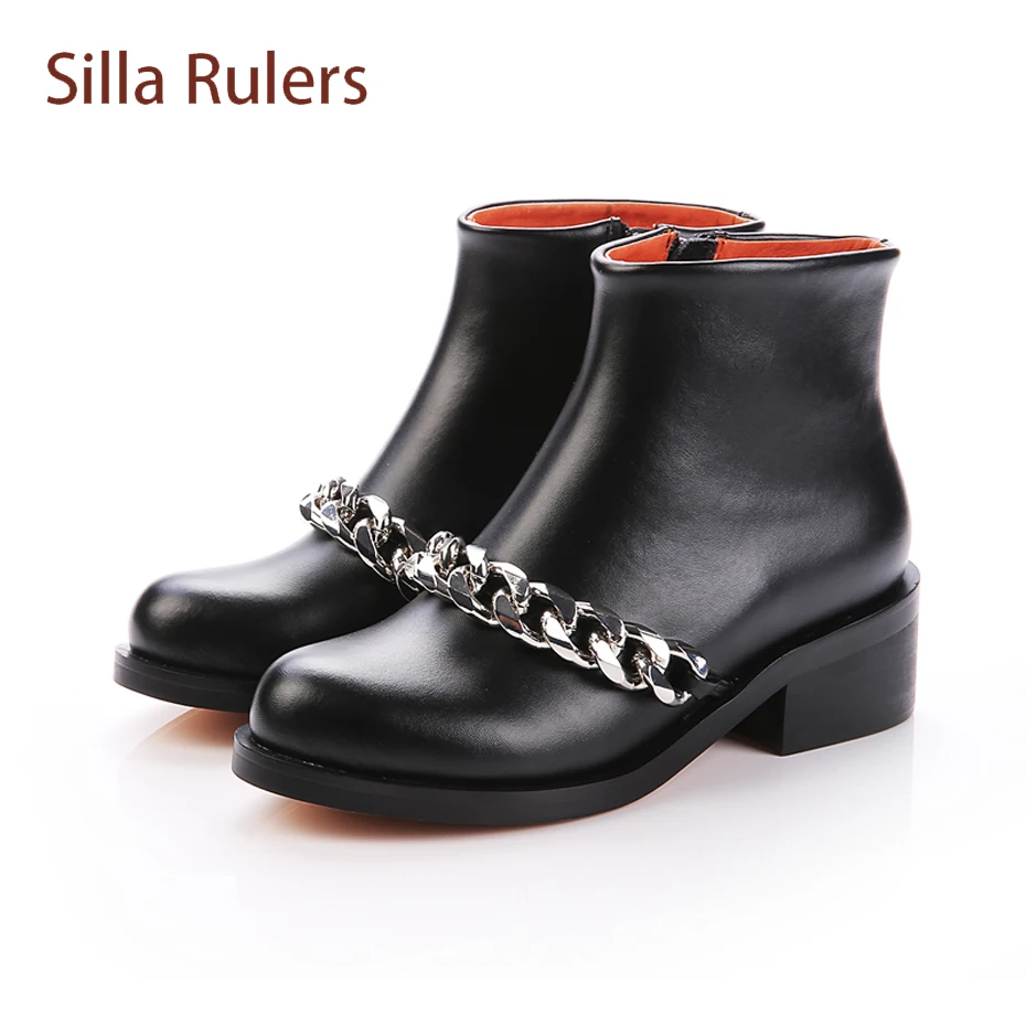 

Silla Rulers Fall Winter Women Ankle Boots Med Heel Metal Chain Decor Knight Boots Genuine Leather Fashion Martin Boots Feminina