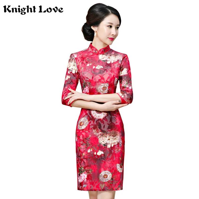 

New Vestidos Velvet Traditional Chinese Qipao Dresses Red Print Flower Short Cheongsam Dress Sexy Vintage Party Dress Women