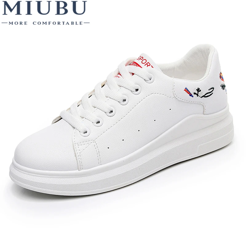 

MIUBU Women's Casual Shoes Summer 2019 Spring Women Leather Shoes Fashion Embroidered Breathable Hollow Lace-Up Women Sneakers