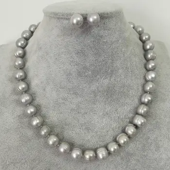 

9-10mm Genuine Natural Gray Freshwater Cultured Pearl Necklace Earring Set AAA+