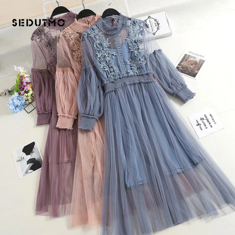 

SEDUTMO Summer Embroidery Lace Dress Women Tunic Mesh Floral Dresses Sexy Long Sleeve Beach Vintage Black Party Dress ED698