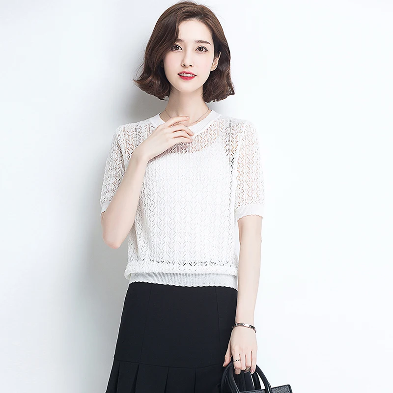 

2019 summer new O-neck ice silk sweater women's short-sleeved thin section bottoming shirt temperament Slim pullover shirt