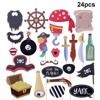

24pcs Pirate Treasure Boy Series Photobooth Props Funny Birthday Party Favors Selfie Props On Stick Photo Booth Tool Decoration