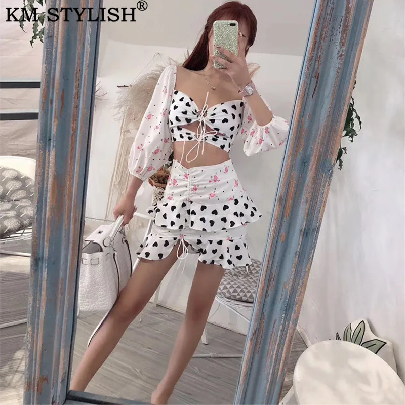 

For Love 2019 Spring and Summer Women's New Sets Floral Splicing Drawstring Openwork Tops + Drawstring Irregular Half Skirt