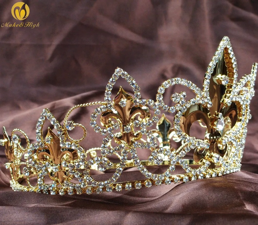 Imperiale Medievale Tiara Diadem Pieno Rotondo Cerchio D'oro Corona di Cristallo per Gli Uomini Spettacolo Costumi Del Partito Accessori Per Capelli