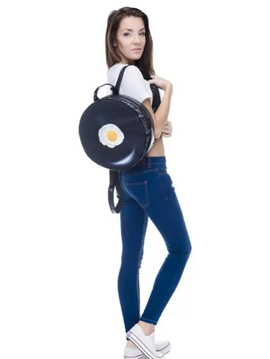 

1 piece black fried egg pan 3D Printing PU leather round backpack mochila schoolbag travel bag