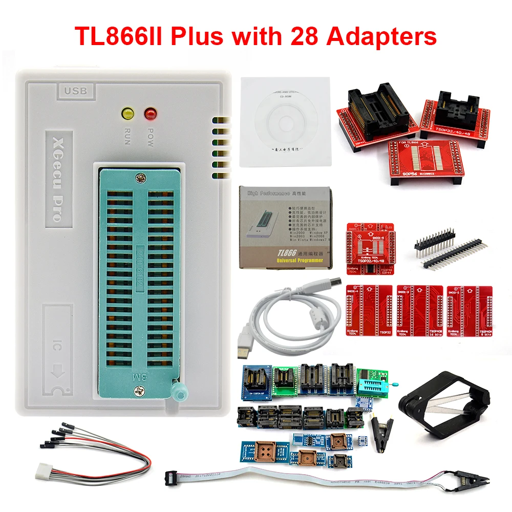 

100% Original New V9.0 TL866II Plus Universal Minipro Programmer+28 Adapters+Test Clip TL866 PIC Bios High speed Programmer