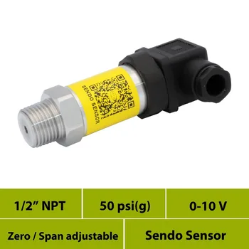 

pressure sensor transmitter 0-10v, pressure 0 to 50 psi, 3 wire voltage signal, 1/2 inch npt male connection, CE certification