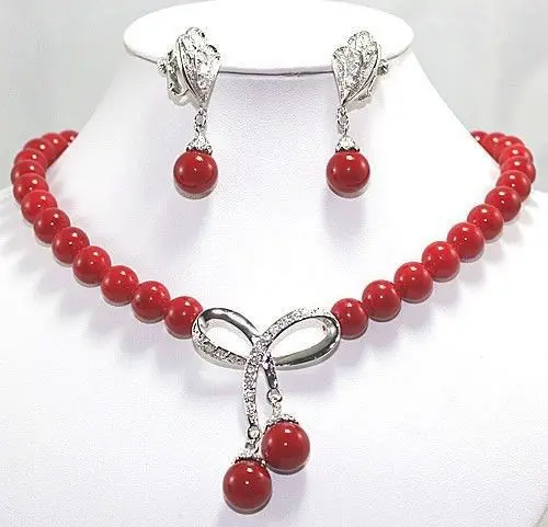 

hot sell new - Inlay Crystal bow red shell pearl pendant necklace earrings set NEW NEW